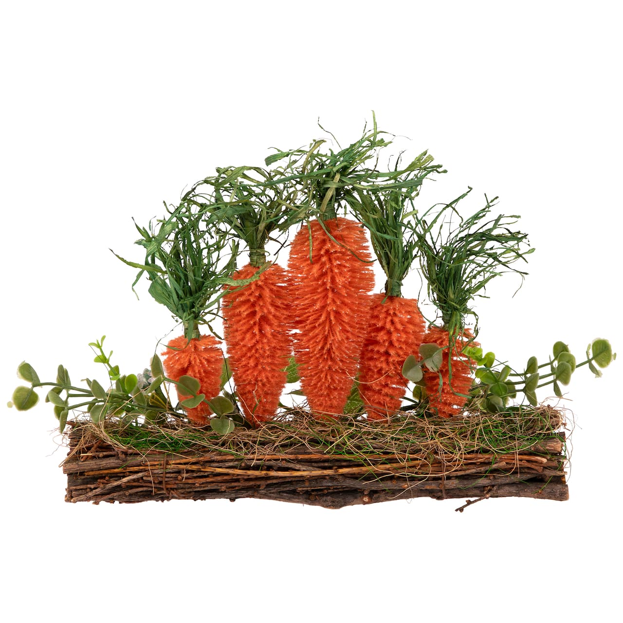 14" x 11.75" Standing Carrots on Floral Foliage Twig Log Easter Décor